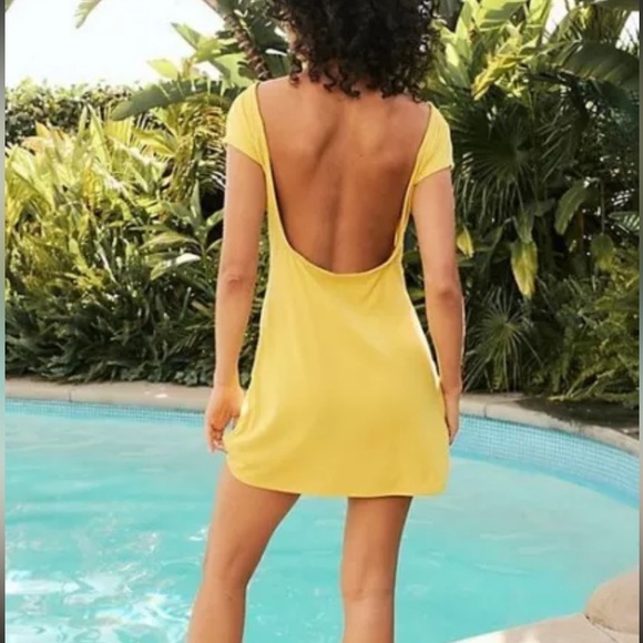 FREE PEOPLE Beach Rosalia Low Open Back Mini Dress Mustard Yellow Large - Picture 3 of 10